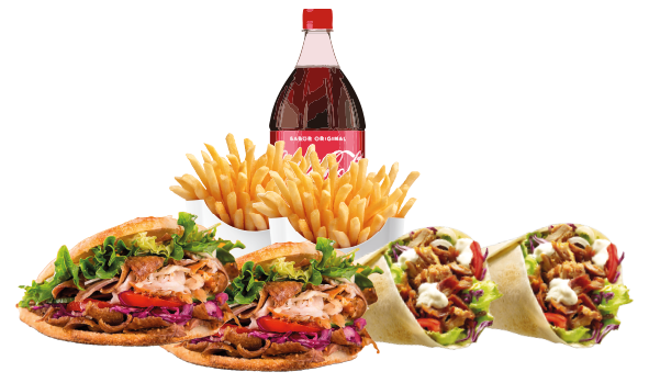 Menú 15 2 Kebabs, 2 Dürüms + Patatas XL + Refresco 2 L.